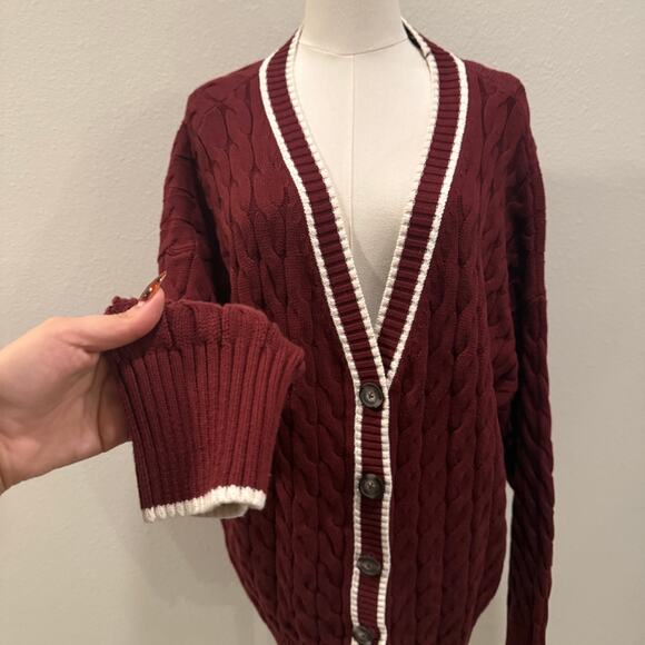 Old Navy Burgundy Cable Knit Cardigan Sweater Women Large Varsity Trim Preppy - Picture 3 of 8